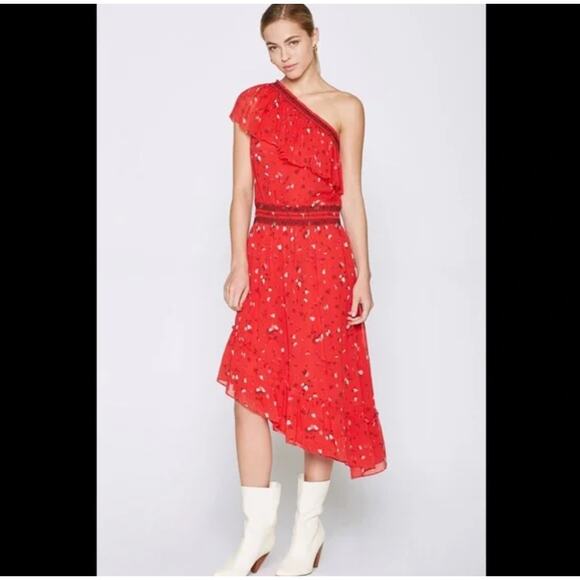 New Joie Hafsa Silk One Shoulder Midi Dress Red Floral Asymmetric Women's Size S - Picture 4 of 13